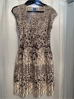 Magic Cream and Black Printed Pleated tiered knee length  Dress